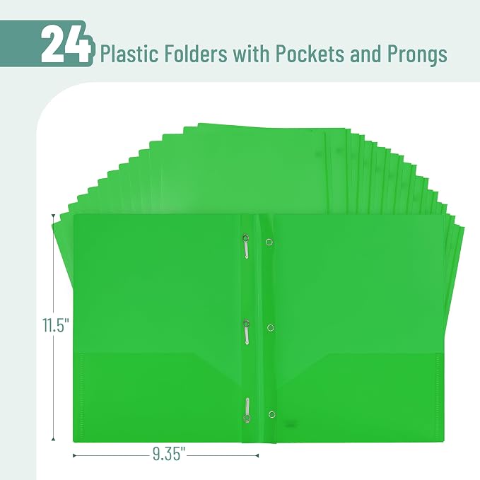 Mr. Pen- Plastic Folders with Pockets and Prongs, 24 Pack, Letter Size | Green - Image 2