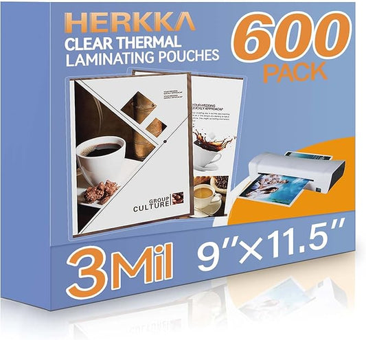 HERKKA 600 Pack Laminating Sheets, Holds 8.5 x 11 Inch Sheets, 3 Mil Clear Thermal Laminating Pouches 9 x 11.5 Inch Lamination Sheet Paper for Laminator, Round Corner Letter Size-DeskLoop Office