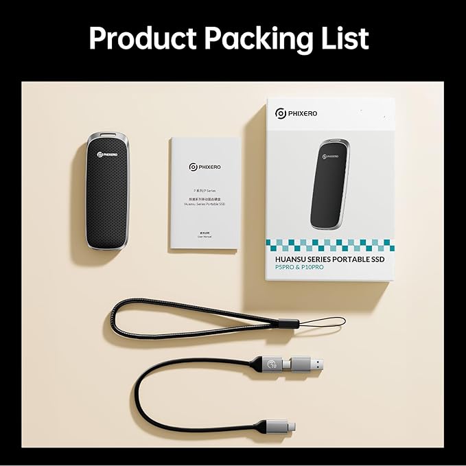 PHIXERO P10PRO External NVMe SSD 512GB, Up to 1050MB/s, USB 3.2 Gen2, Includes 2-in-1 USB C Cable, Portable Hard Drive for iPhone 15+/Android/Windows/Mac, Black-DeskLoop Office