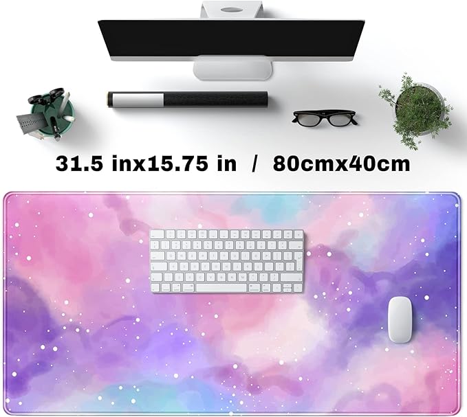 Desk Pad Purple Starry Sky Cute Gaming Mouse Pad Galaxy Gamer Girl Cute Pink Desk Decor Keyboard Desk Mat, Stitched Edges Desktop with Stitched Edges Non-Slip Large Computer Mat 31.5x15.7 in-DeskLoop Office