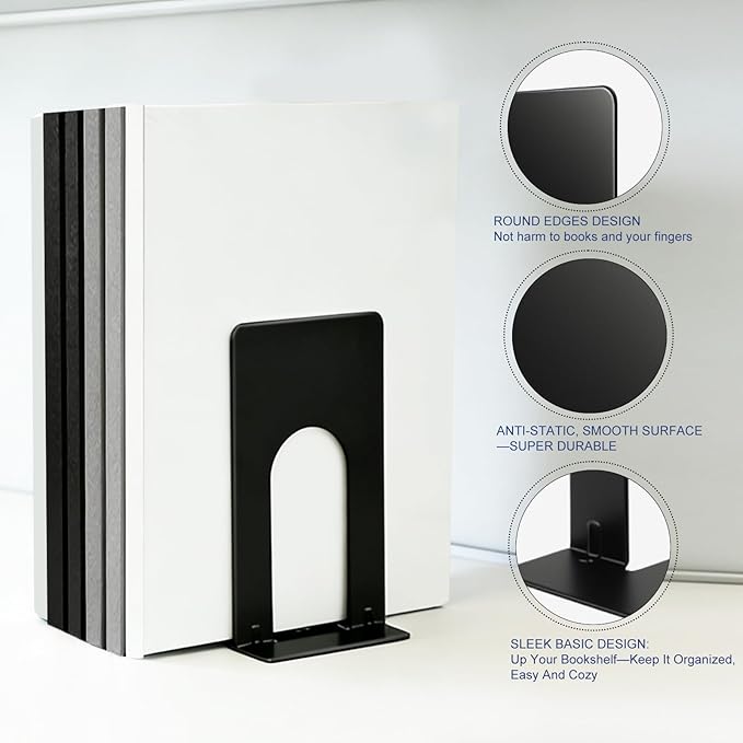 Book Ends for Shelves, 4 Pack Metal Bookends, Compact Book Stopper for Small - Image 6