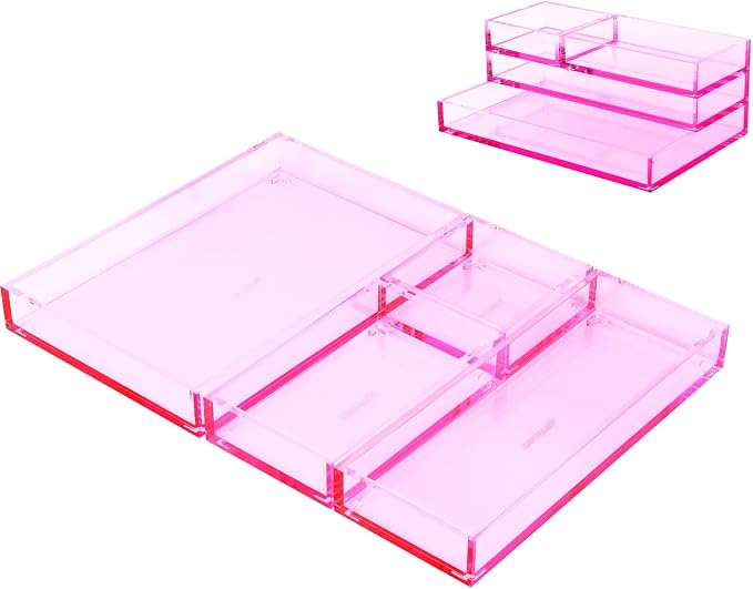 4-Piece Stackable Pink Acrylic Desk Organizer by EXPUTRAN