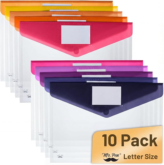 Mr. Pen- Clear Plastic Envelopes File Folders, 10 Pack, Letter Size | Colorful by MrPen