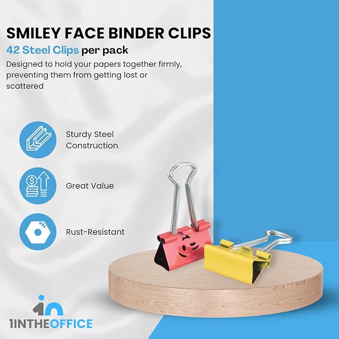 1InTheOffice Medium Cute Colored Smiley Face Binder Clips - Image 2