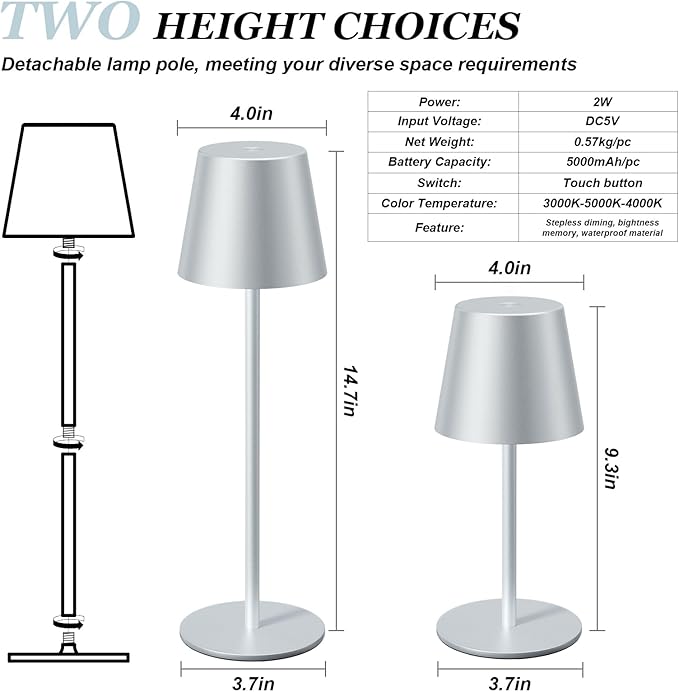 Kakanuo Silver Grey Cordless Lamp Rechargeable - Image 5