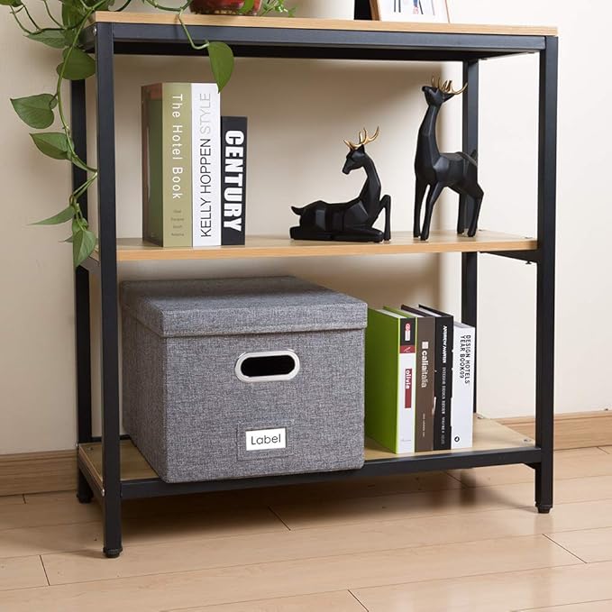 PRANDOM File Organizer Box - Set of 2 Collapsible Decorative Linen Filing Storage Hanging File Folders with Lids Office Cabinet Letter/Legal Size Grey (17x14x11.2 inch)