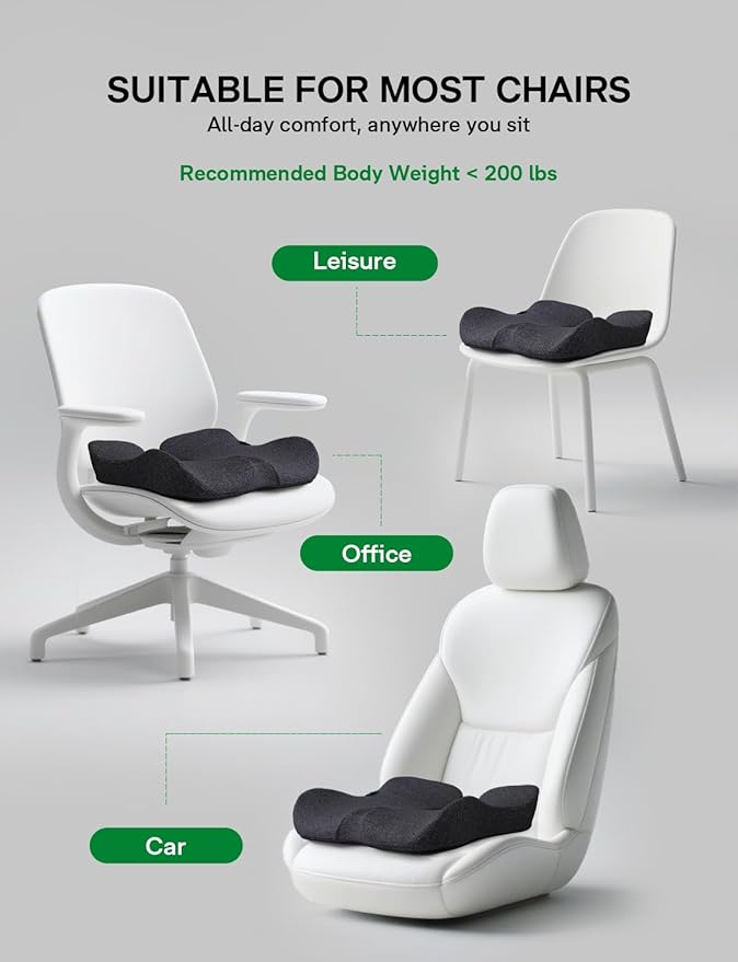 Seat Cushion, SC 100B Seat Cushions for Office Chairs, Car Seat, Wheelchair - Sciatica & Tailbone & Coccyx Pain Relief Pillow for Driver Sedentary People（Size:17 * 14.6 * 3.54 in-Black-DeskLoop Office