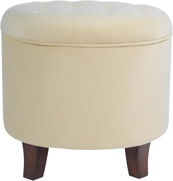 Homepop Home Decor | Upholstered Round Velvet Tufted Foot Rest Ottoman | Ottoman with Storage for Living Room & Bedroom | Decorative Home Furniture, Cream-DeskLoop Office