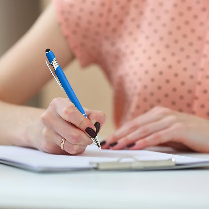 PASISIBICK 12 Pieces Blue Ballpoint Pen with Stylus Tip, 2 in 1 Stylus Stylish Pen, Blue Metal Stylus Pen for Touch Screens, Black Ink, 1.0 mm Medium Point(12 PCS Light Blue)-DeskLoop Office