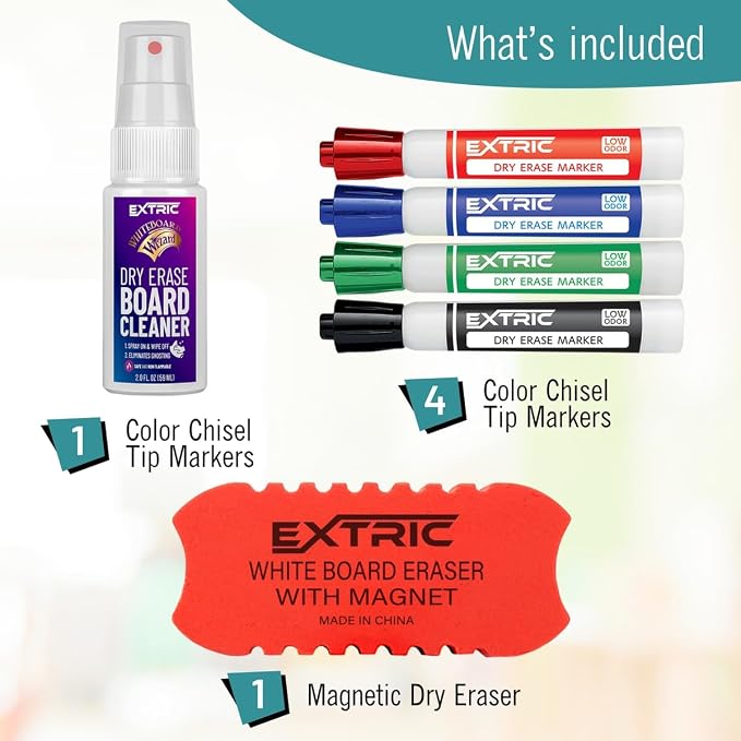 EXTRIC Dry Erase Markers Chisel Tip Set 4 Whiteboard Markers and cleaner - Image 2