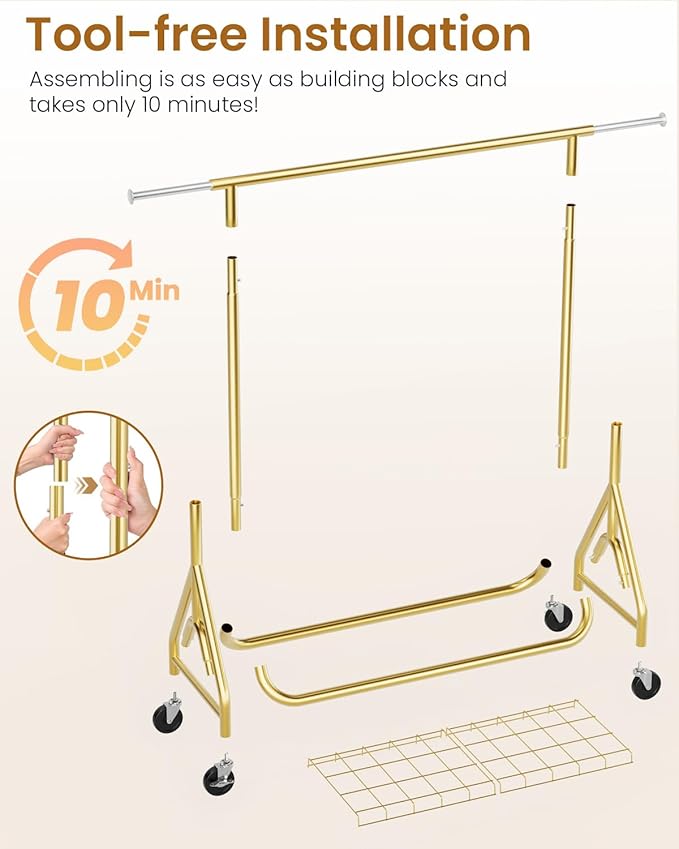 Heavy Duty Clothes Rack, Metal Clothing Rack Load 450 LBS, Rolling Coat Racks for Hanging Clothes with Lockable Wheels, Wardrobe Closet Garment Racks for Bedroom, Gold-DeskLoop Office
