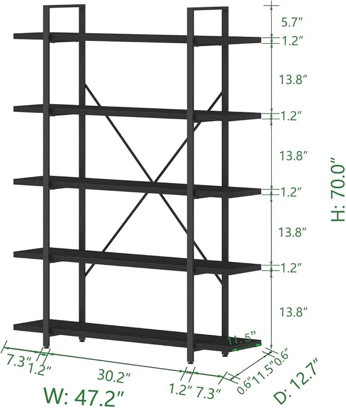 HSH 5 Tier Tall Black Bookshelf, Wood and Metal Storage Book Rack, Industrial Modern Etagere 5 Shelf Bookcase, Large Wide Open Display Book Shelf for Bedroom Living Room Office, Bookshelves Heavy Duty-DeskLoop Office