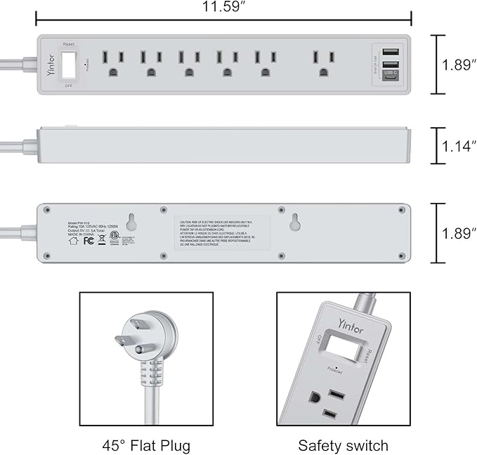 10Ft Power Strip Surge Protector - Yintar Extension Cord with 6 AC Outlets and 3 USB Ports for Home, Office, Dorm Essentials, 1680 Joules, ETL Listed, Grey-DeskLoop Office