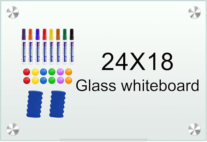 H-Qprobd White Board 24”x18“ Magnet Dry Erase Boards Frameless Magnetic Glass Whiteboard for Wall, Wall Mounted Whiteboard Includes 12 Magnets, 8 Markers and 2 Erasers-DeskLoop Office