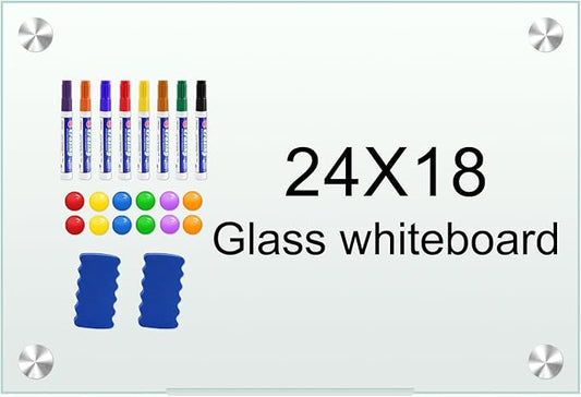 H-Qprobd White Board 24”x18“ Magnet Dry Erase Boards Frameless Magnetic Glass Whiteboard for Wall, Wall Mounted Whiteboard Includes 12 Magnets, 8 Markers and 2 Erasers-DeskLoop Office