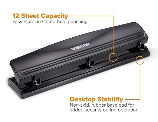 Bostitch Office 3 Hole Punch, Durable Metal, Rubber Base, 12 Sheets - Image 2