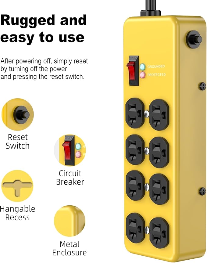 HEZI 20A Power Strip Surge Protector Durable Metal 8-Outlet with Heavy Duty 20 Amp Extension Cord, 12 Gauge for Garage,Workshop & Industrial Use with 6-20R T-Slot Outlets,4800J(Yellow,10FT)-DeskLoop Office