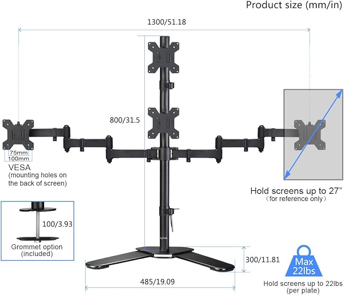 Suptek Quad LED LCD Monitor Stand up Free-Standing Desk Stand Extra Tall 31.5" Pole Heavy Duty Fully Adjustable Mount for 4 (3+1) / Four Screens up to 27 inch (ML6864)-DeskLoop Office