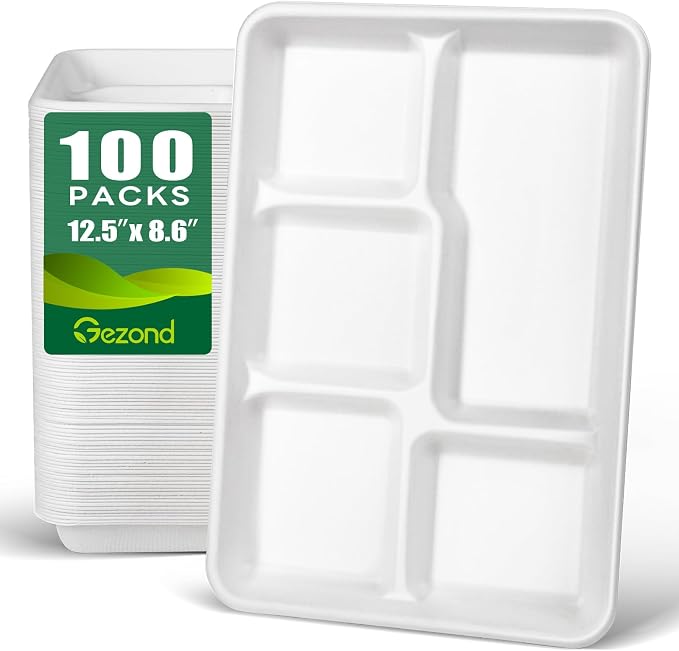 Gezond 100% Compostable 5 Compartment Plates 12.5 * 8.6 Inch, 100 Pack by Gezond%C2%AE