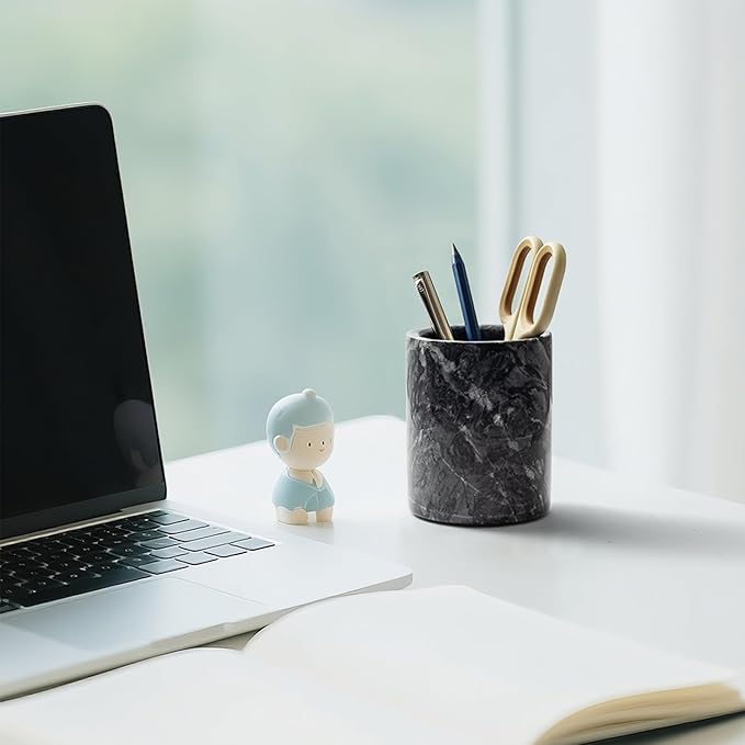 WORHE Pen Holder Stand Italy Natural Premium True Marble Makeup Brush Holders, Tableware Organizer Desk Pencil Cup for Home Office School Decor Dark Grey (DL012)-DeskLoop Office