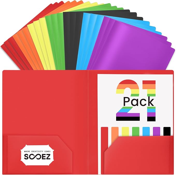 Sooez 21Pack Folders with Pockets, Pocket Folders with Extra Labels, Plastic by Sooez