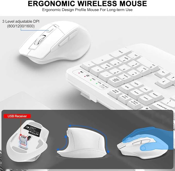 Wireless Keyboard and Mouse Combo, 2.4G Full Size Wave Keys Ergonomic Keyboard - Image 4