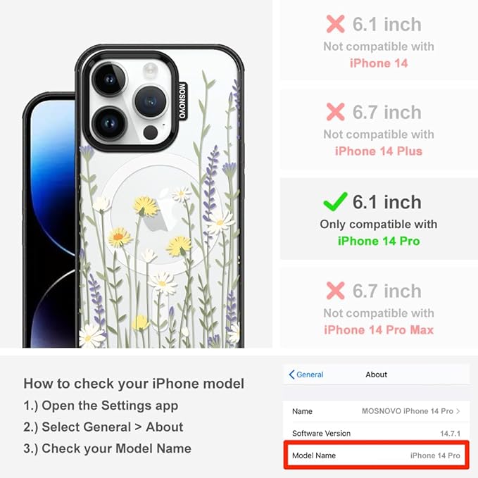 MOSNOVO Magnetic Case for iPhone 14 Pro, 10ft Military-Grade Protection, Compatible with Magsafe, Shockproof Phone Case for iPhone 14 Pro - Wild Meadow - Clear Black-DeskLoop Office
