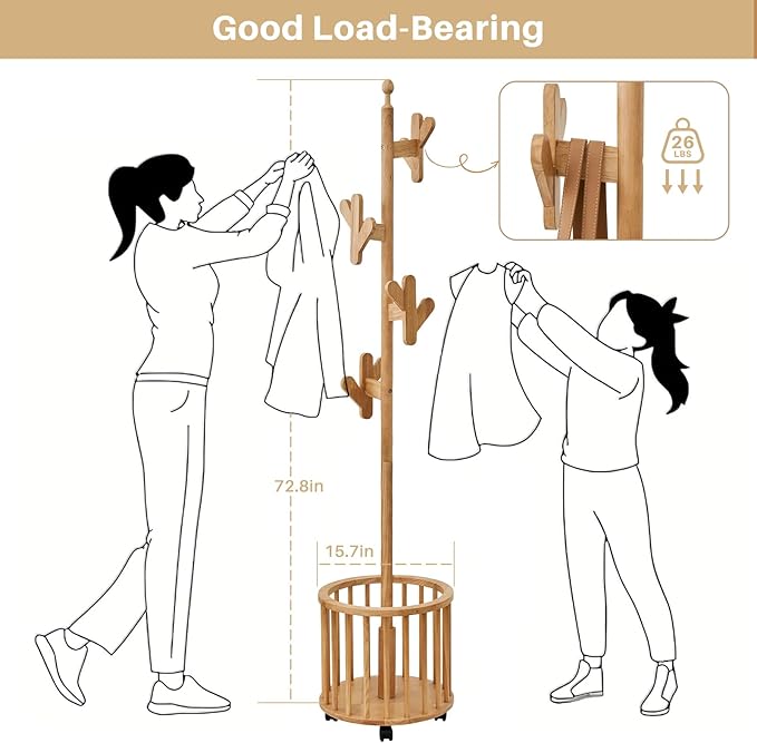 Uniclinens Solid Wood Coat Rack Freestanding with Umbrella Holder, Tree Coat Rack Stand with Lockable Universal Casters & 12 Hooks for Entryway Bedroom, Natural-DeskLoop Office