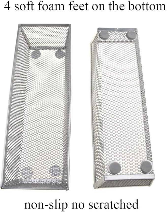 HAHIYO Stackable Mesh Tray Cup 9 x 3 x 2 inches Sturdy Container for Desk Drawer Organizer Collection for Home Office School kitchen Soft Foam Feet No Sharp Edges 2 Pack Silver-DeskLoop Office