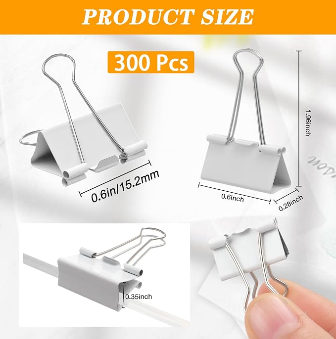 Jetec 300 Pack 0.6in/15mm White Metal Binder Clips Bulk Small Reusable Fold - Image 2