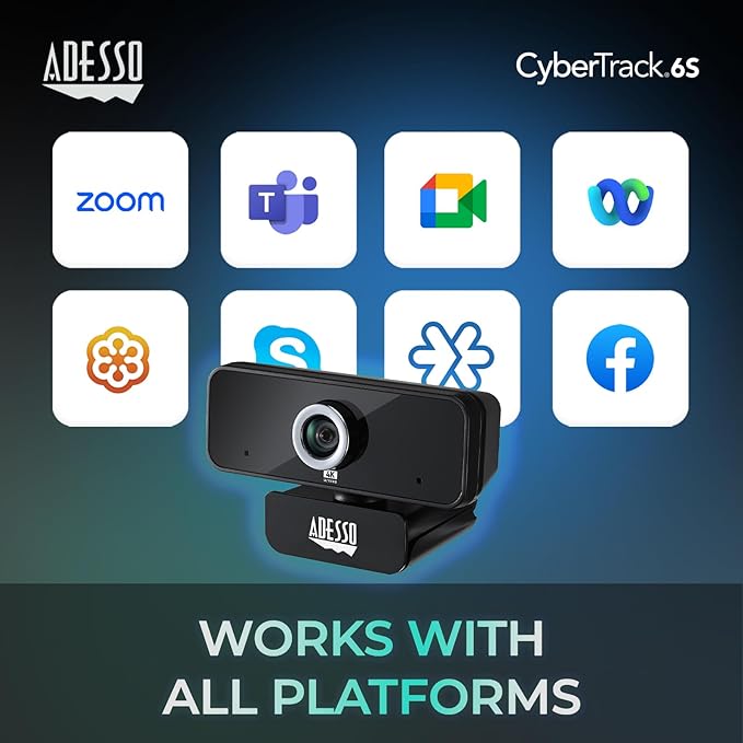 Adesso 4K HDR Ultra HD USB Webcam CyberTrack 6S Camera for PC Laptop Adjustable Angle Field of View Built-in Noise Cancellation Microphone