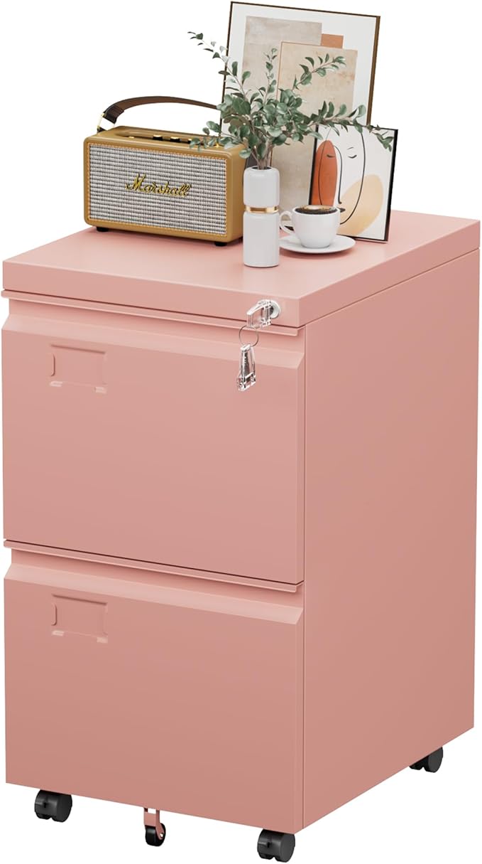 2 Drawer Mobile File Cabinet with Lock,Under Desk Metal Filing Cabinets for Home Office Fits Letters/Legal/A4 Size Folder, Assembly Required, Pink