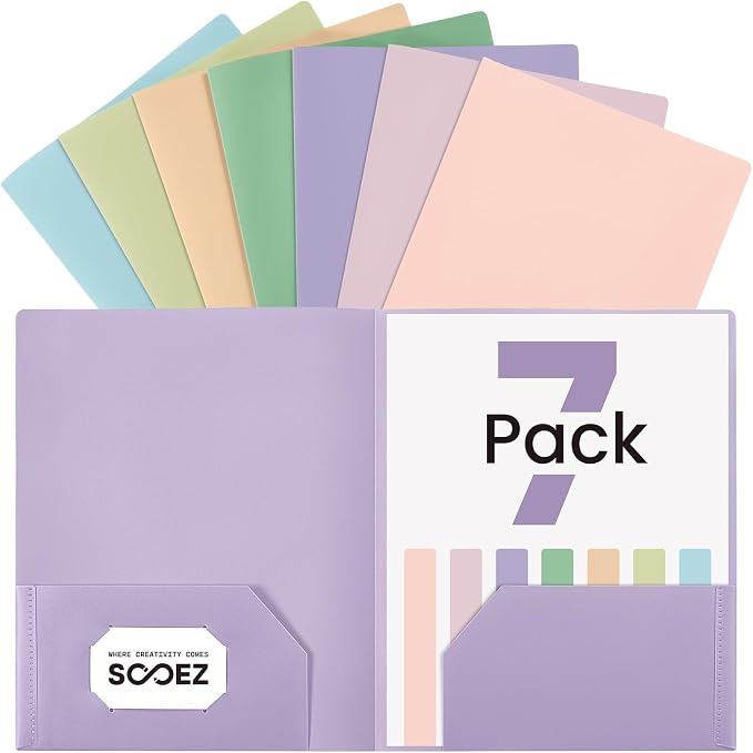 Sooez 7 Pack Folders with Pockets, 2 Pocket Folders with Extra Labels, Plastic by Sooez