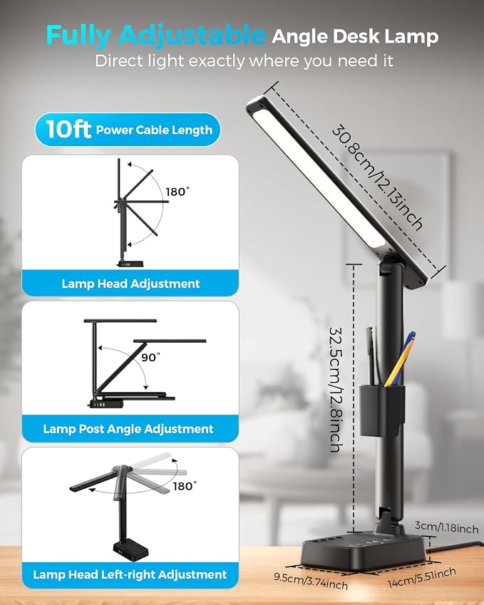 LED Desk Lamp with Power Strip, 3 AC Outlets & 4 USB Ports, Stepless Dimming & - Image 3