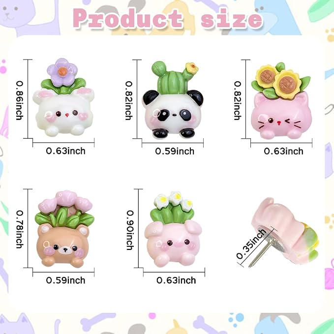 50 Pcs Animal Push Pins Cute Mini Decorative Pins Succulent Plants Colorful - Image 2