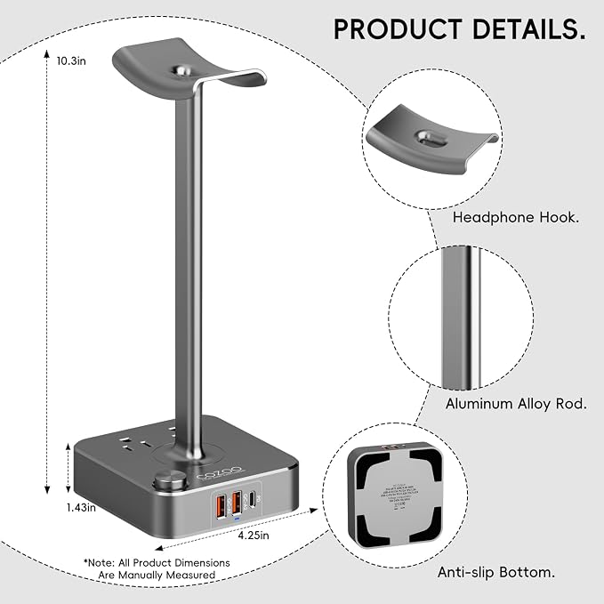Headphone Stand with PD Fast Charger & QC3.0, Gaming Headset Holder with 3 USB - Image 9