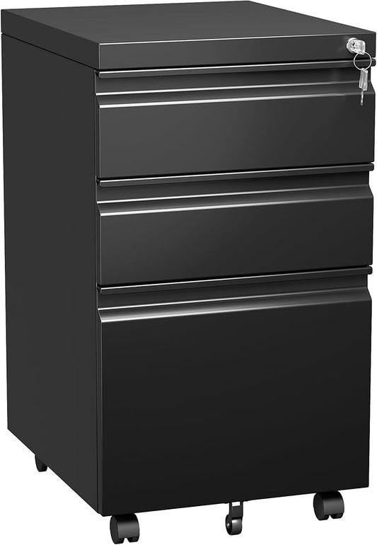 3 Drawer Under Desk Mobile File Cabinet with Lock, Metal Storage Cabinet for Office & Home, Legal/Letter Size, Fully Assembled Except Wheels, Black-DeskLoop Office