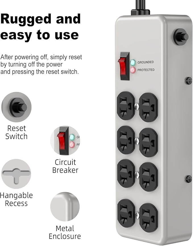HEZI 20A Power Strip Surge Protector Durable Metal 8-Outlet with Heavy Duty 20 Amp Extension Cord,12 Gauge for Garage,Workshop & Industrial Use with 6-20R T-Slot Outlets,4800J(Grey,6FT)-DeskLoop Office