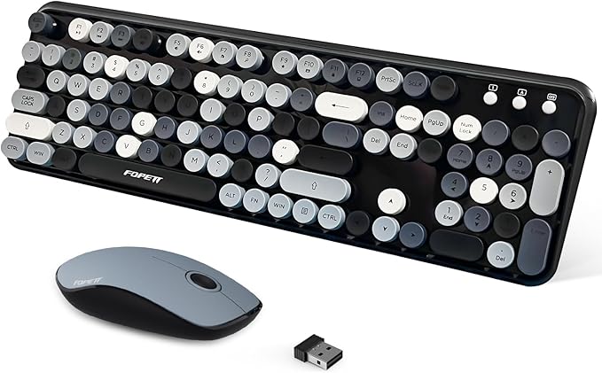 FOPETT 2.4GHz Wireless Keyboard and Mouse Set with Switch Button - Full-Size Keyboard - Compatible for Windows/Laptop/PC/Notebook/Smart TV and More - Grey Colorful-DeskLoop Office