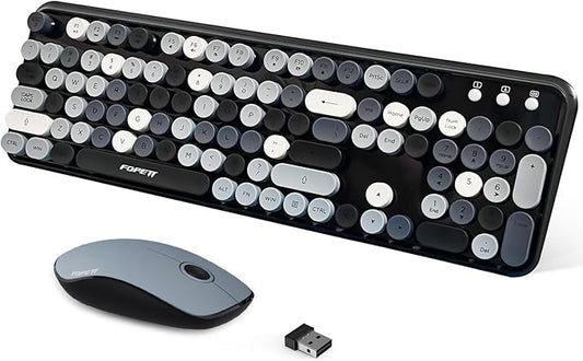 FOPETT 2.4GHz Wireless Keyboard and Mouse Set with Switch Button - Full-Size Keyboard - Compatible for Windows/Laptop/PC/Notebook/Smart TV and More - Grey Colorful-DeskLoop Office