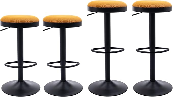 Round Swivel Counter Height Bar Stools Set of 4 Modern Adjustable Barstools Backless Corduroy Bar Chairs Industrial Island Chairs with Metal Base/Footrest for Kitchen Island/Pub/Bar, Yellow-DeskLoop Office