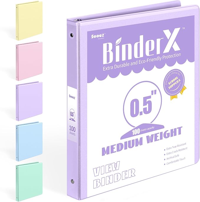 BinderX Extra Durable 3 Ring Binder, Round Rings 0.5 Inch Binder, Fits 100 by Sooez