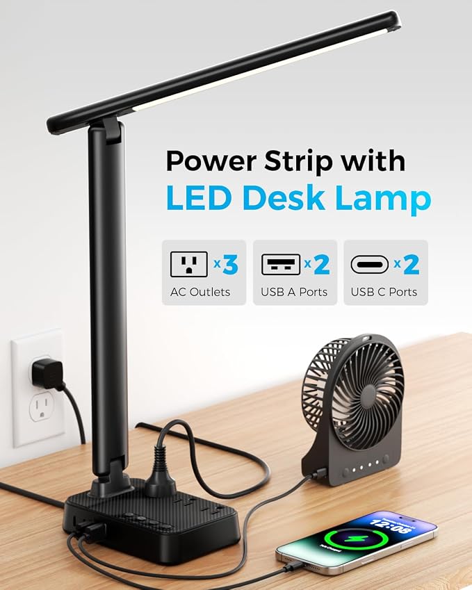 LED Desk Lamp with Power Strip, 3 AC Outlets & 4 USB Ports, Stepless Dimming & - Image 2