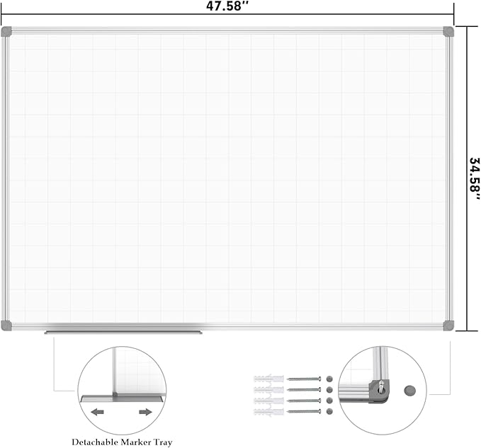 JILoffice Magnetic Dry Erase Planning Board, Grid Pattern White Board 48 x 36 Inch, Silver Aluminum Frame with Detachable Marker Tray for Office School and Home-DeskLoop Office