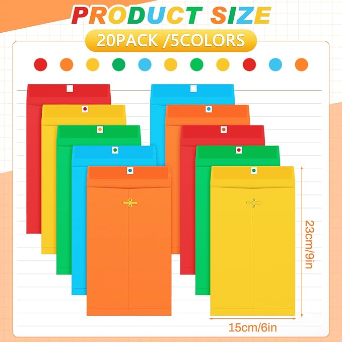 Geyee 20 Pcs Clasp Manilla Envelopes 6 x 9 Inch Gummed Colored Envelopes - Image 2