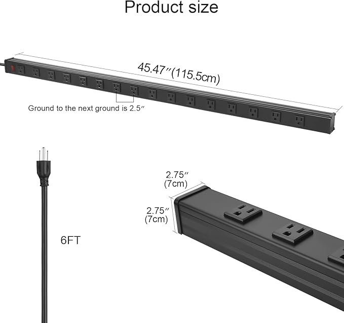 Heavy Duty Power Strip - 16 Outlet Industrial Metal Strip, 6FT Cord, 15A, 125V, 1875W (Black)-DeskLoop Office