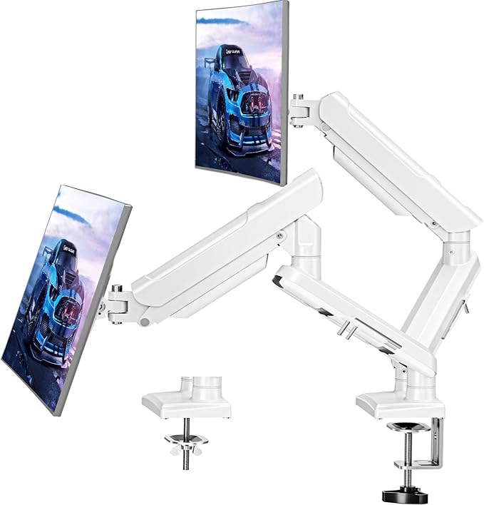 Dual Monitor Mount for 2 Monitors up to 32 inches, Height Adjustable Gas Spring Double Monitor Stand, Two Display Desk Mount Holder, Each Monitor Arm Holds Max 22lbs, VESA Mount, White, Freelift Pro-DeskLoop Office