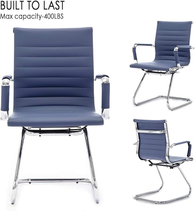 Reception Chairs Leather Conference Guest Chair Heavy Duty Back Support Office Chair, Set of 2 (Navy)-DeskLoop Office