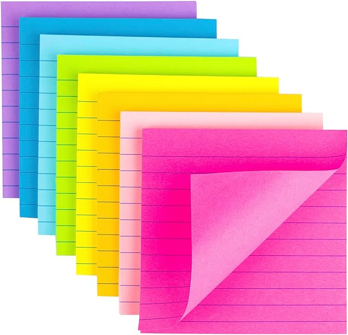 Lined Sticky Notes 4x4 Bright Stickies Colorful Super Sticking Power Memo Pads by Kozerite
