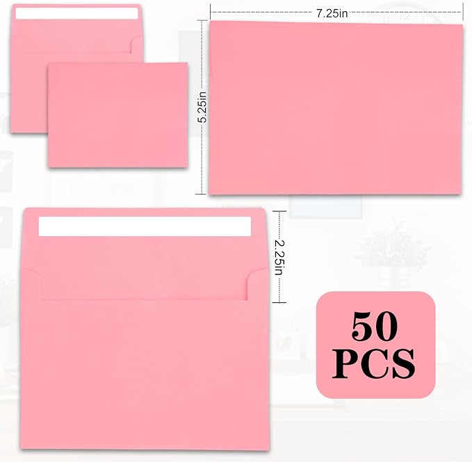 50Packs A7 Pink Envelopes 5x 7 Inch Card Envelopes, Self Seal - Image 2